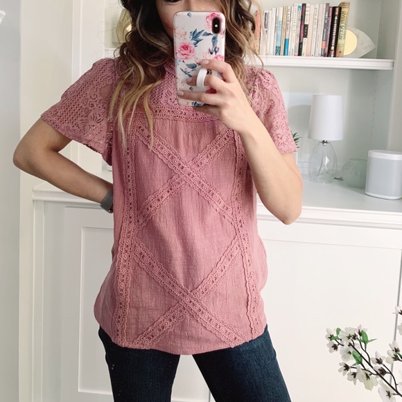 FINAL PRICE❗️Diamonds + Lace Mock Neck Pink Blouse - Picture 8 of 8